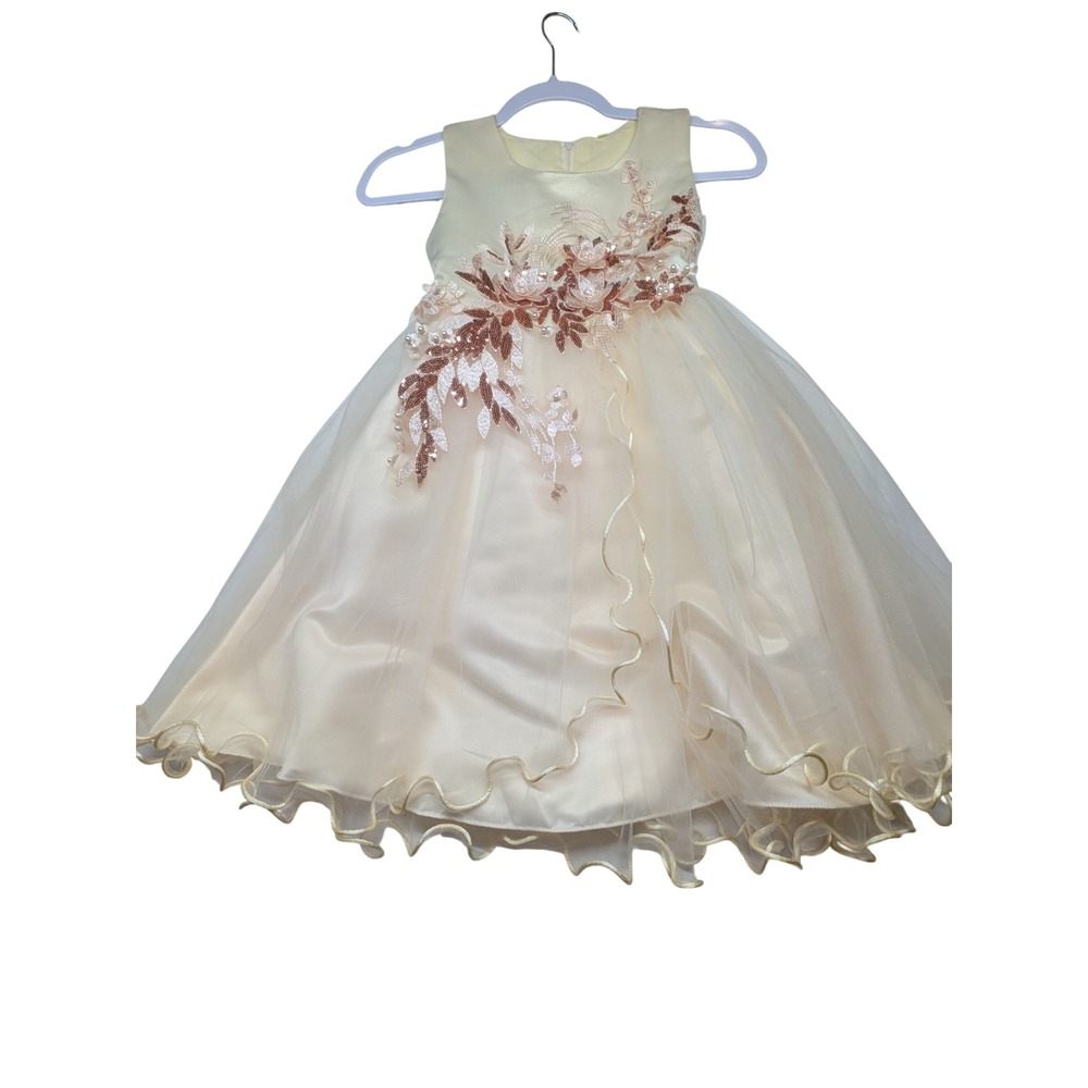 Girls Champagne Tulle Flower Girl Dress Rose Gold Sequin Floral Formal 25in L